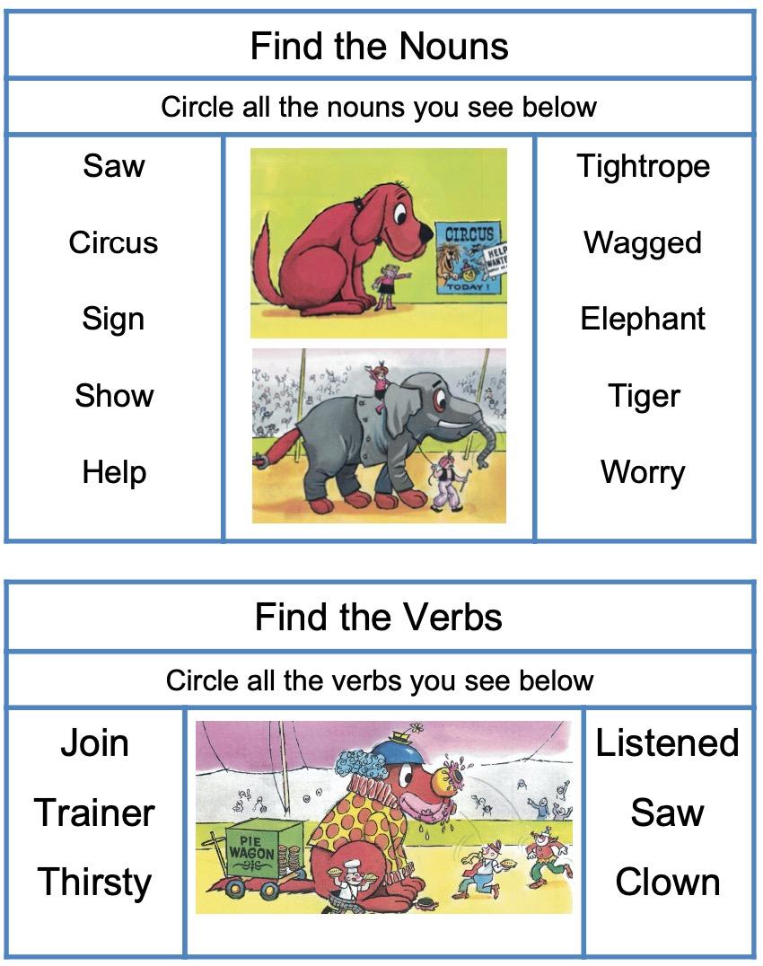 noun and word matching with Clifford the Big Red Dog